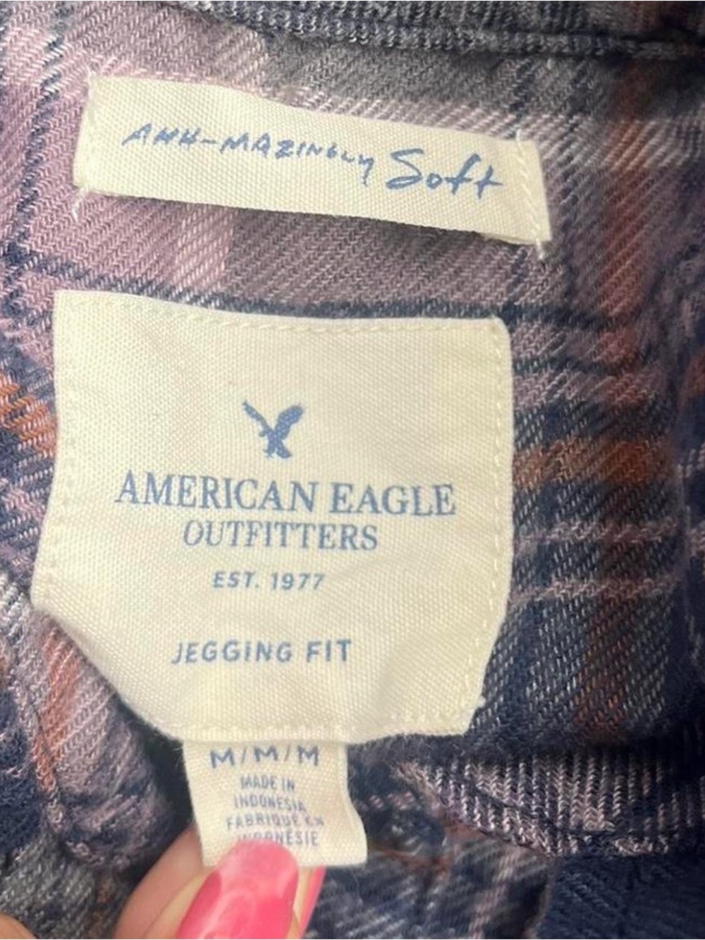 American Eagle Outfitters Pink and Navy Plaid Button-Front Shirt - Picture 3 of 3
